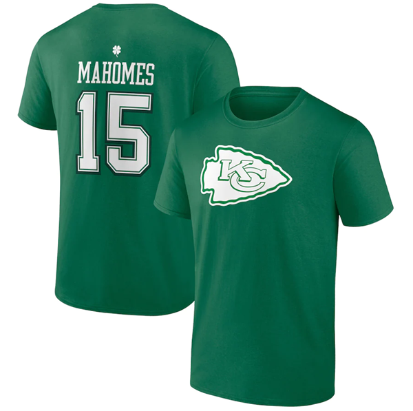 Men's Kansas City Chiefs #15 Patrick Mahomes Green St. Patrick's Day Icon Player T-Shirt Men's Kansas City Chiefs #15 Patrick Mahomes Green St. Patrick's Day Icon Player T-Shirt
